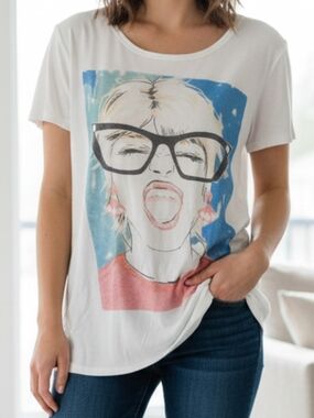 White Graphic Short Sleeve Tee with Multicolor Pop Art Print